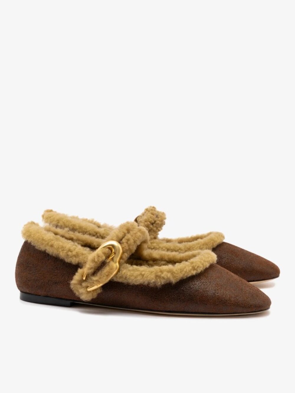 Larroude Verona Ballet Flats Cocoa Brown Leather Natural Shearling Mary Jane NWT